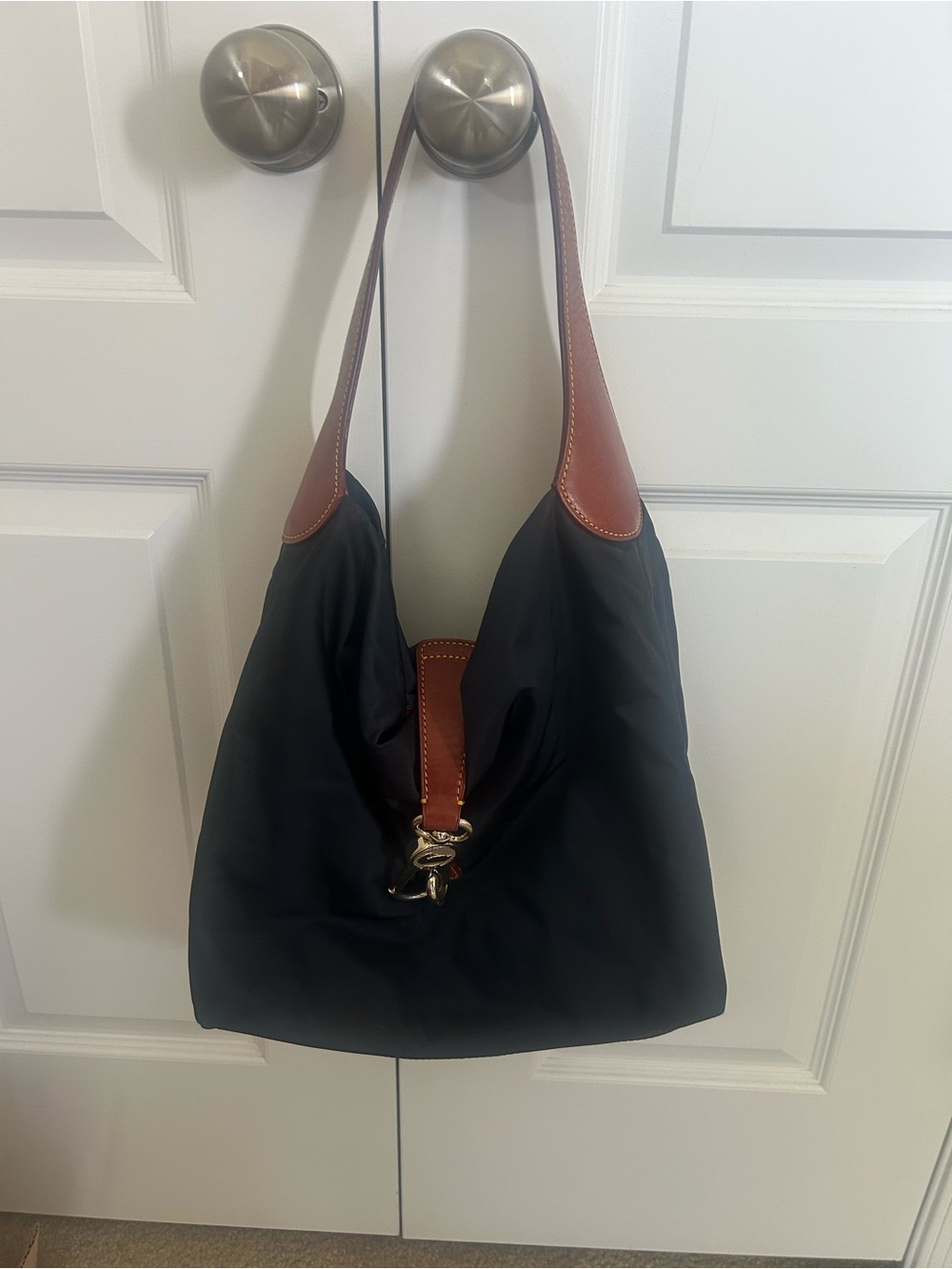 Dooney & Bourke Navy Nylon Shoulder Bag with Brown Leather Trim - Picture 2 of 10